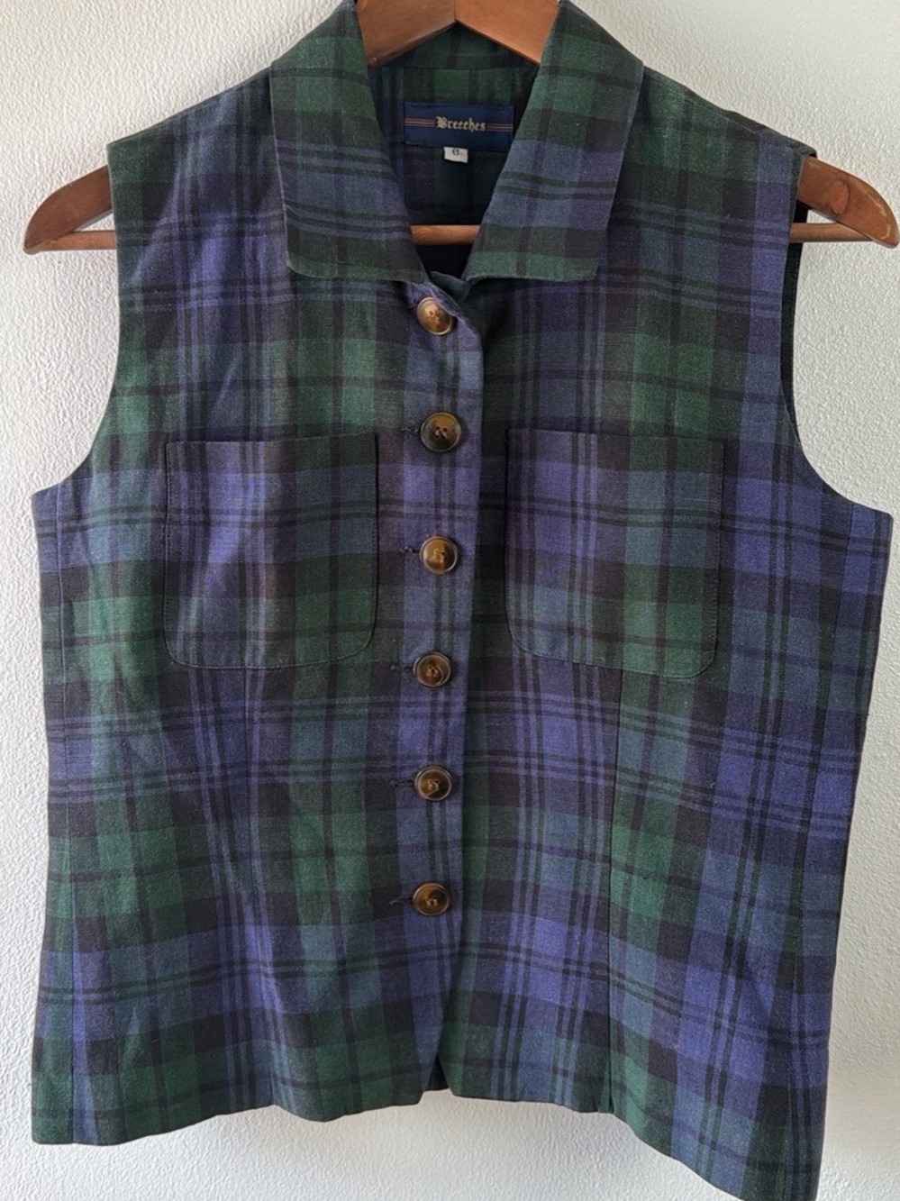 Breeches Green & Navy Plaid Button-Front,100% Linen, Made in USA,Academia/Grunge